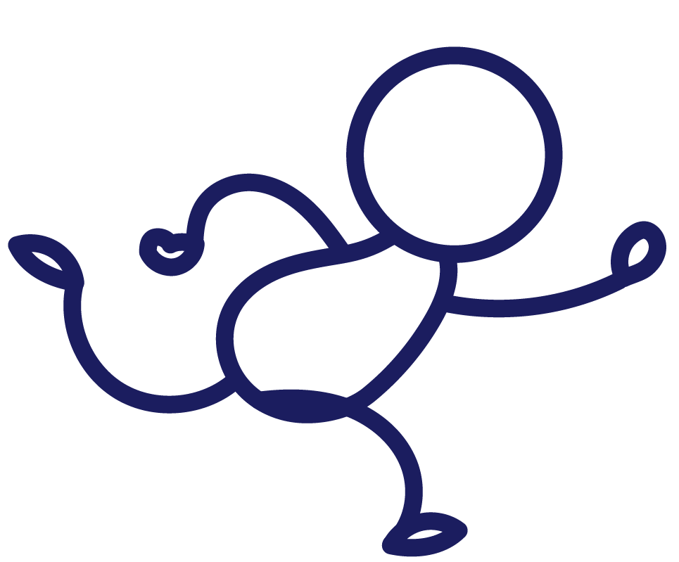 Blaues Strichmännchen das in einer rennenden Position abgebildet ist. Ein Bein ist auf dem Boden, das andere in der Luft. Ein Arm zeigt nach vorne, der andere nach hinten.